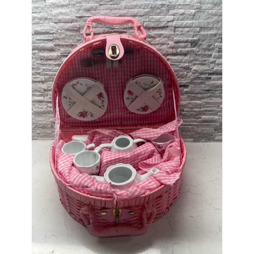 Delton Products Pretend Play Tea Party Picnic Set Pink Rose- No lid